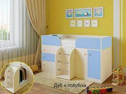 Кровать-чердак Малыш-4 Дуб молочный/Голубой в Олёкминске - olyokminsk.katalogmebeli.com | фото 1