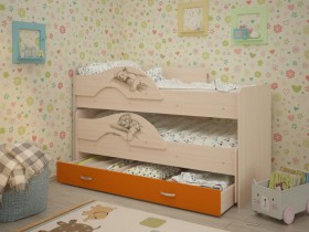 Кровать выкатная Радуга-Сафари детская 1600 Млечный дуб/Оранжевый в Олёкминске - olyokminsk.katalogmebeli.com | фото